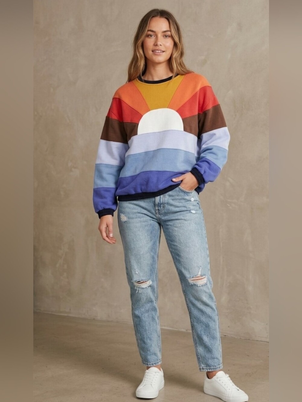 Ghanda 1984 Colorblock Sunrise Crewneck Sweatshirt Blue Yellow Size M/L